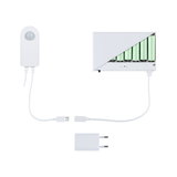 Appareil électronique blanc avec capteur, compartiment à piles et câble USB-C pour contrôle d'éclairage