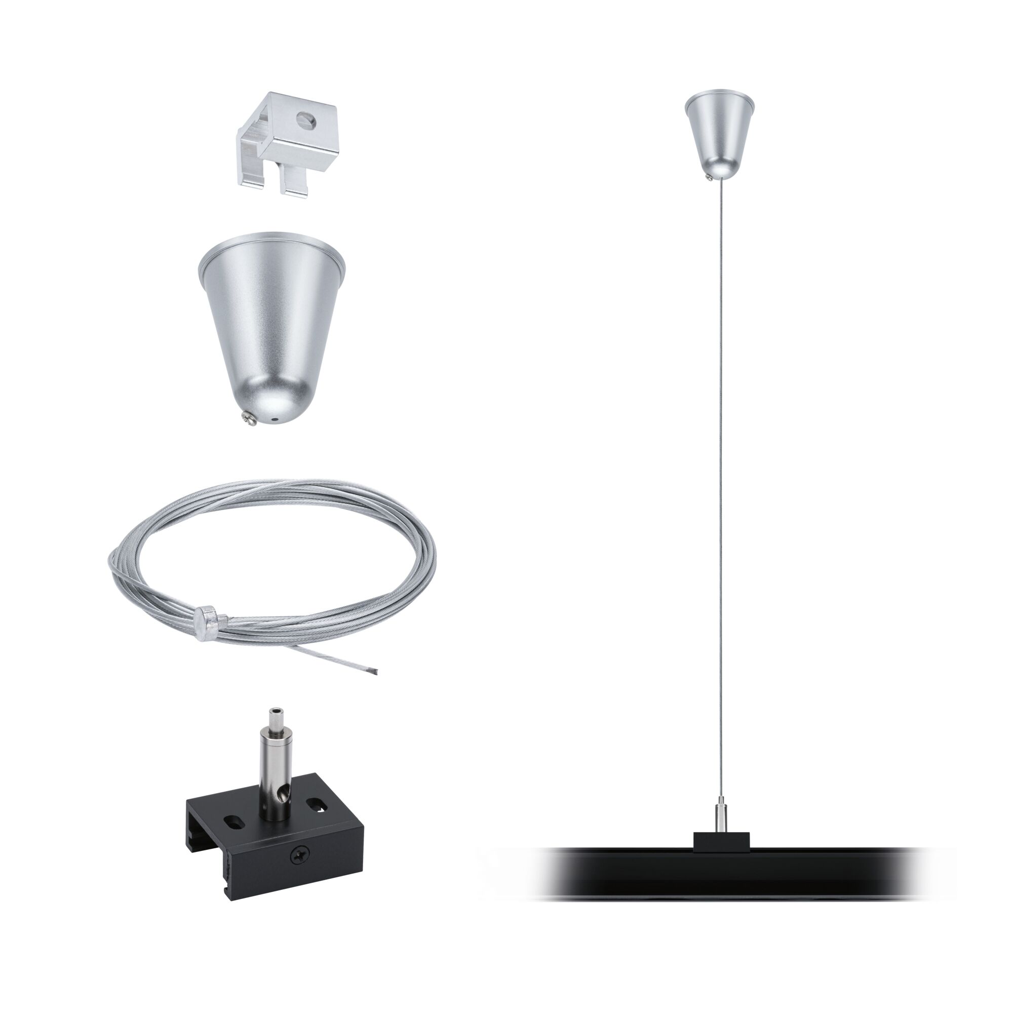Mounting kit for pendant light with silver metal cable and black fixture for LED lighting.