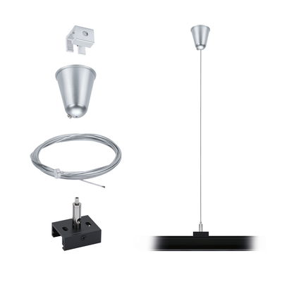 Kit de montage pour suspension avec câble métallique argenté et fixation noire pour éclairage LED.