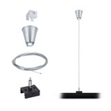 Monteringssæt til pendel med sølvfarvet metalkabel og sort beslag til LED-belysning.