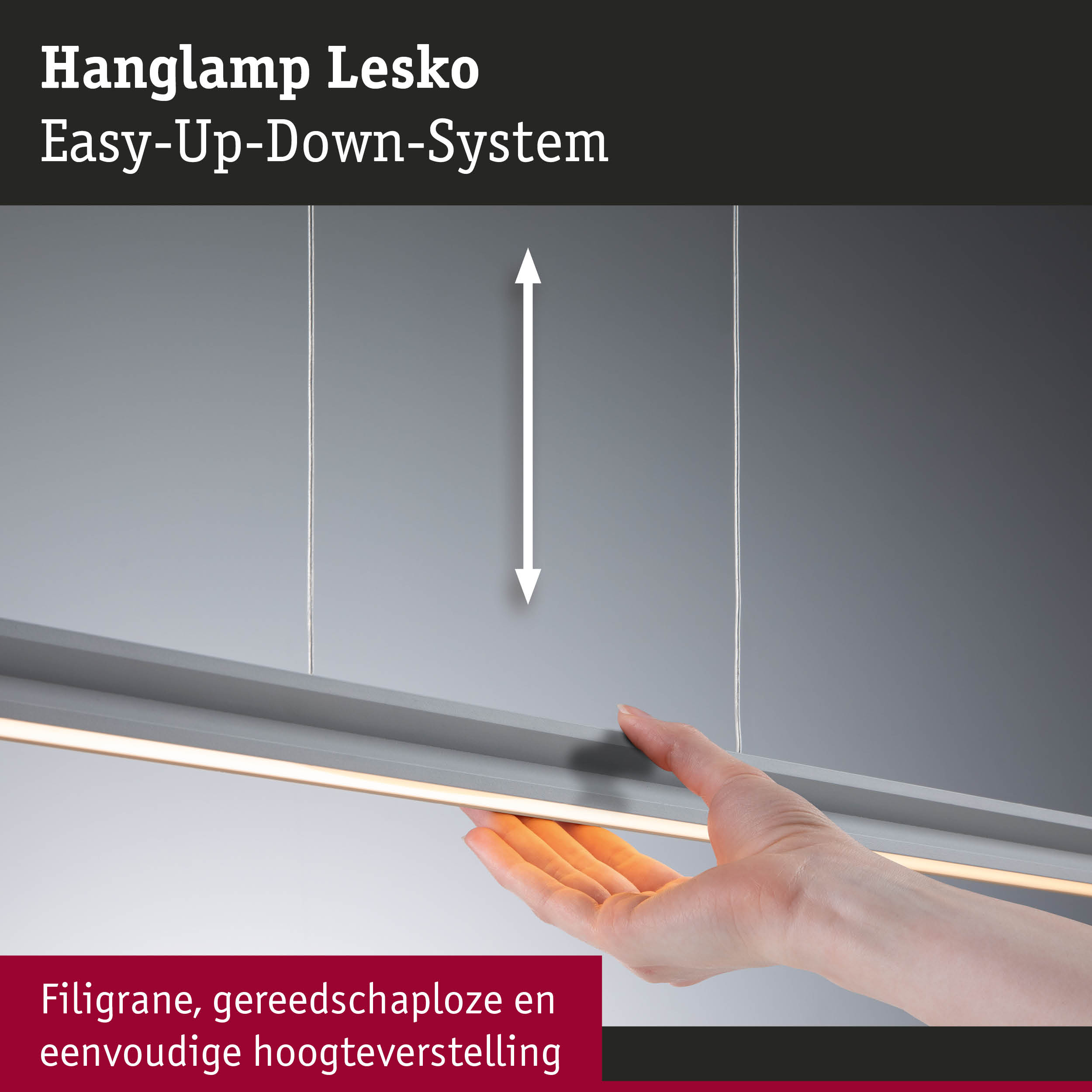 Grijze LED-hanglamp Lesko met Easy-Up-Down-systeem voor eenvoudige hoogteverstelling en modern lichtontwerp