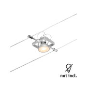 Silver LED cable spotlight with adjustable lamp head and wire mounting for modern lighting solutions