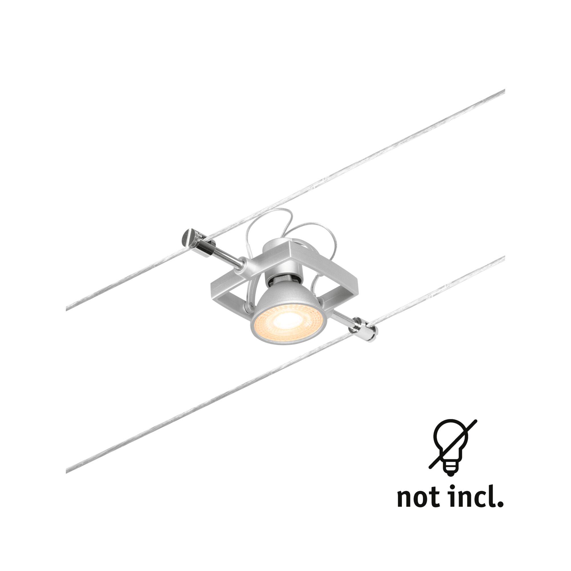 Silver LED cable spotlight with adjustable lamp head and wire mounting for modern lighting solutions