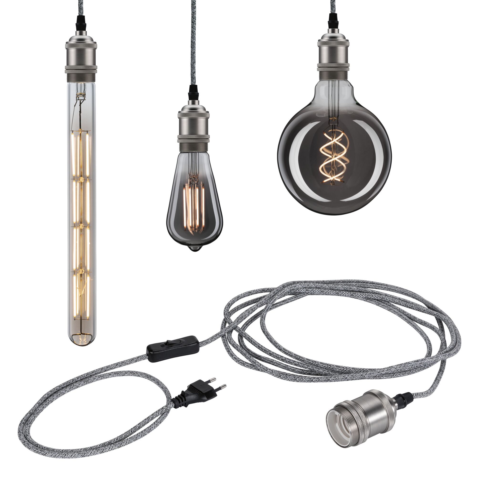 Drei vintage LED-Leuchtmittel mit grauem Textilkabel und Metallfassung für dekorative Beleuchtung.