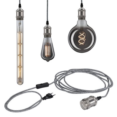 Three vintage LED bulbs with grey textile cable and metal socket for decorative lighting use.