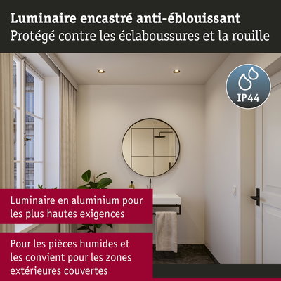 Luminaire encastré en aluminium IP44, anti-éblouissant et protégé contre les éclaboussures pour pièces humides