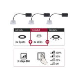 Three white LED spots with black cable and 3-step dimmer for adjustable lighting control