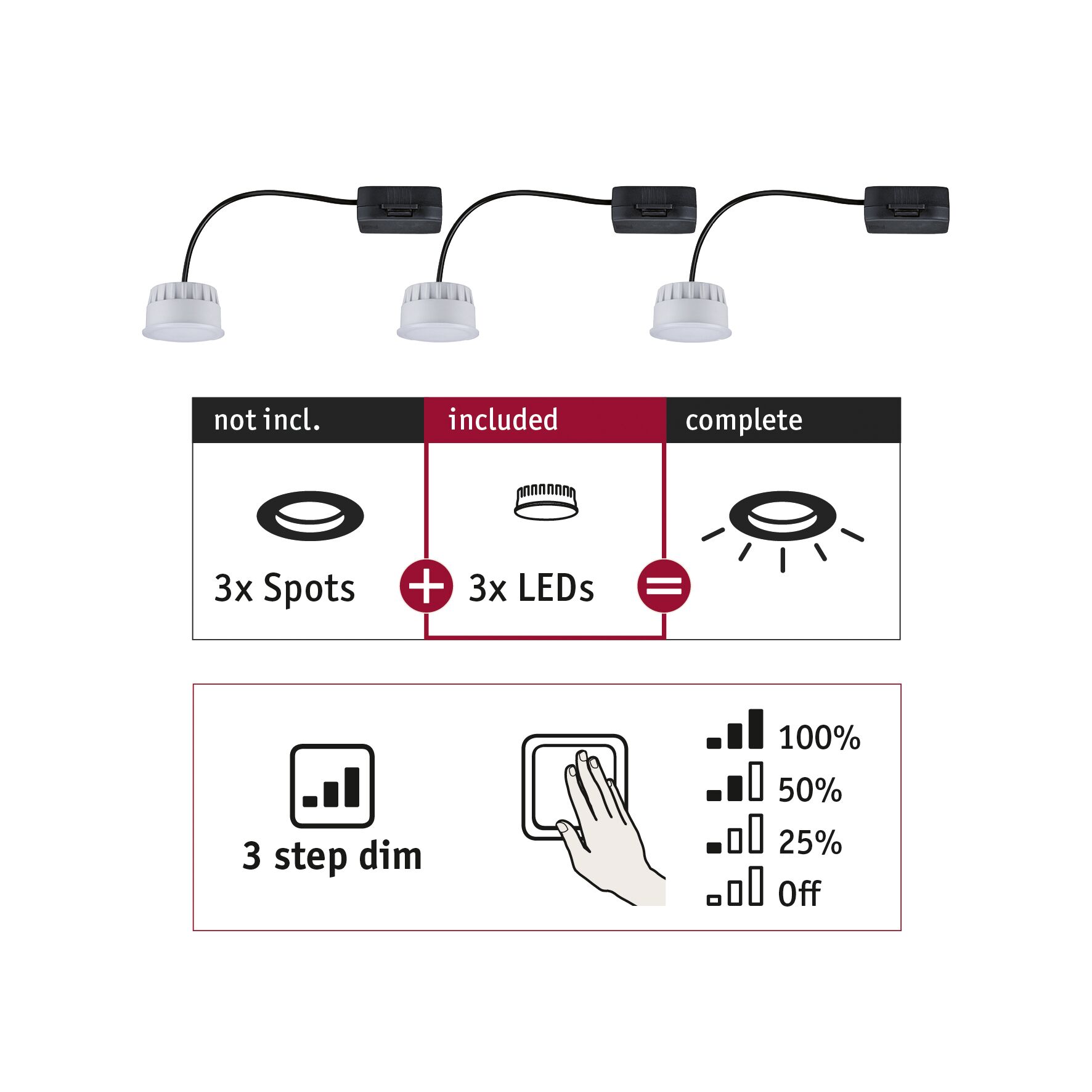 Spot encastré modulaire LED 3-Step-Dim Choose Coin Kit de 3 rond 50mm Coin 3x6W 3x470lm 230V gradable 2700K Satiné Trois spots LED blancs avec câble noir et variateur 3 niveaux pour contrôle d’éclairage