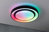 Rund loftlampe med sort ramme og flerfarvet LED-belysning til moderne indretning
