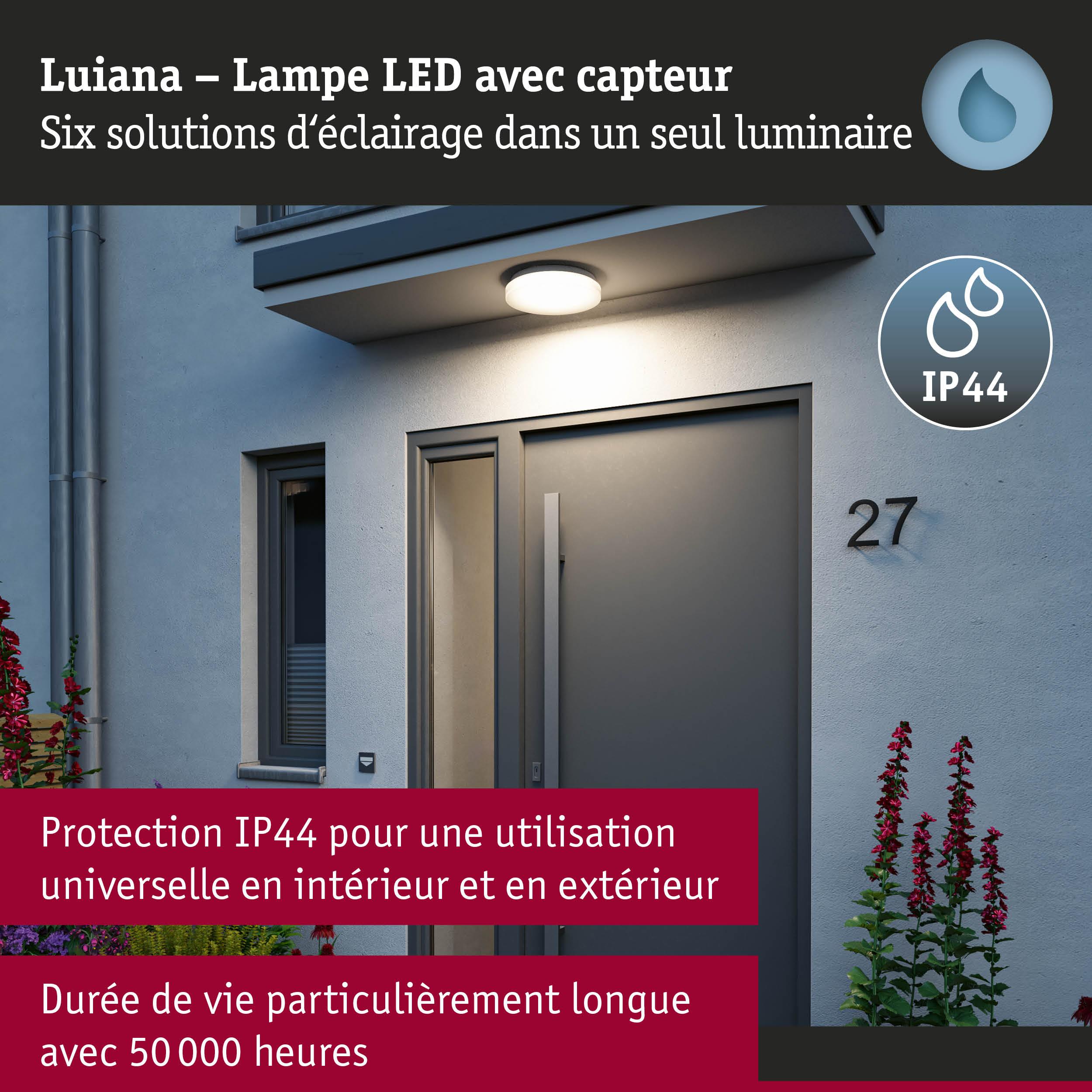 Lampe LED Luiana blanche avec capteur, protection IP44, éclairage extérieur durable
