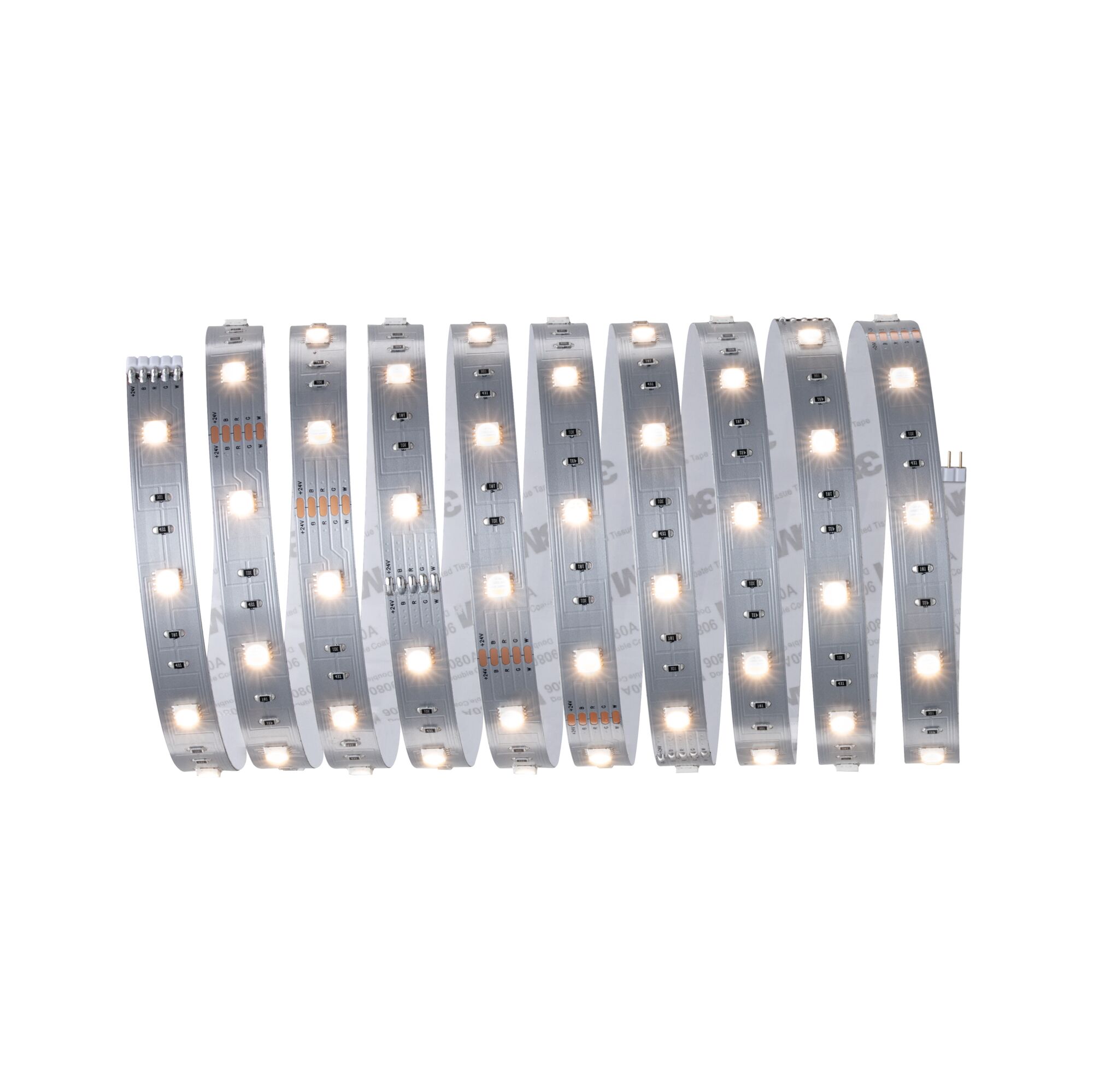 Flexible LED strip light with warm white LEDs on silver circuit board for versatile lighting use.