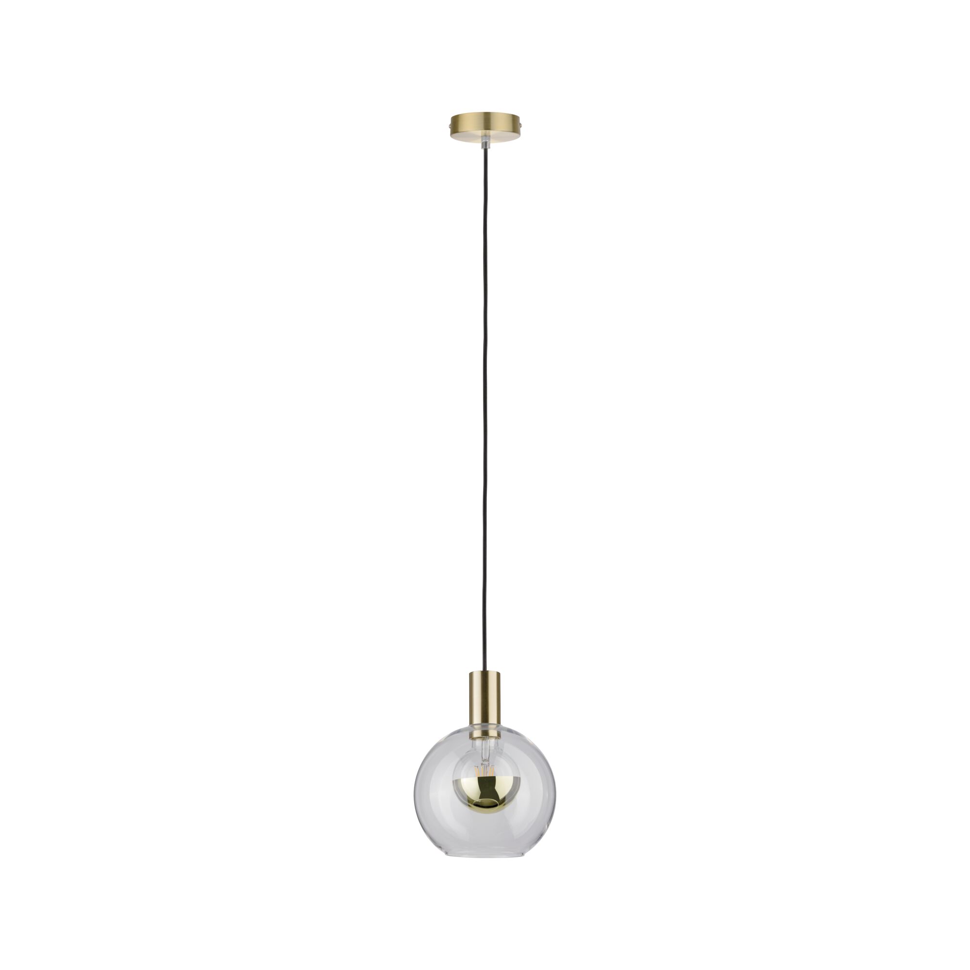 Modern pendant light with clear glass globe and brass-colored metal for stylish room lighting