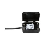 Black plastic housing with open lid and connected cable for electrical wiring connection.