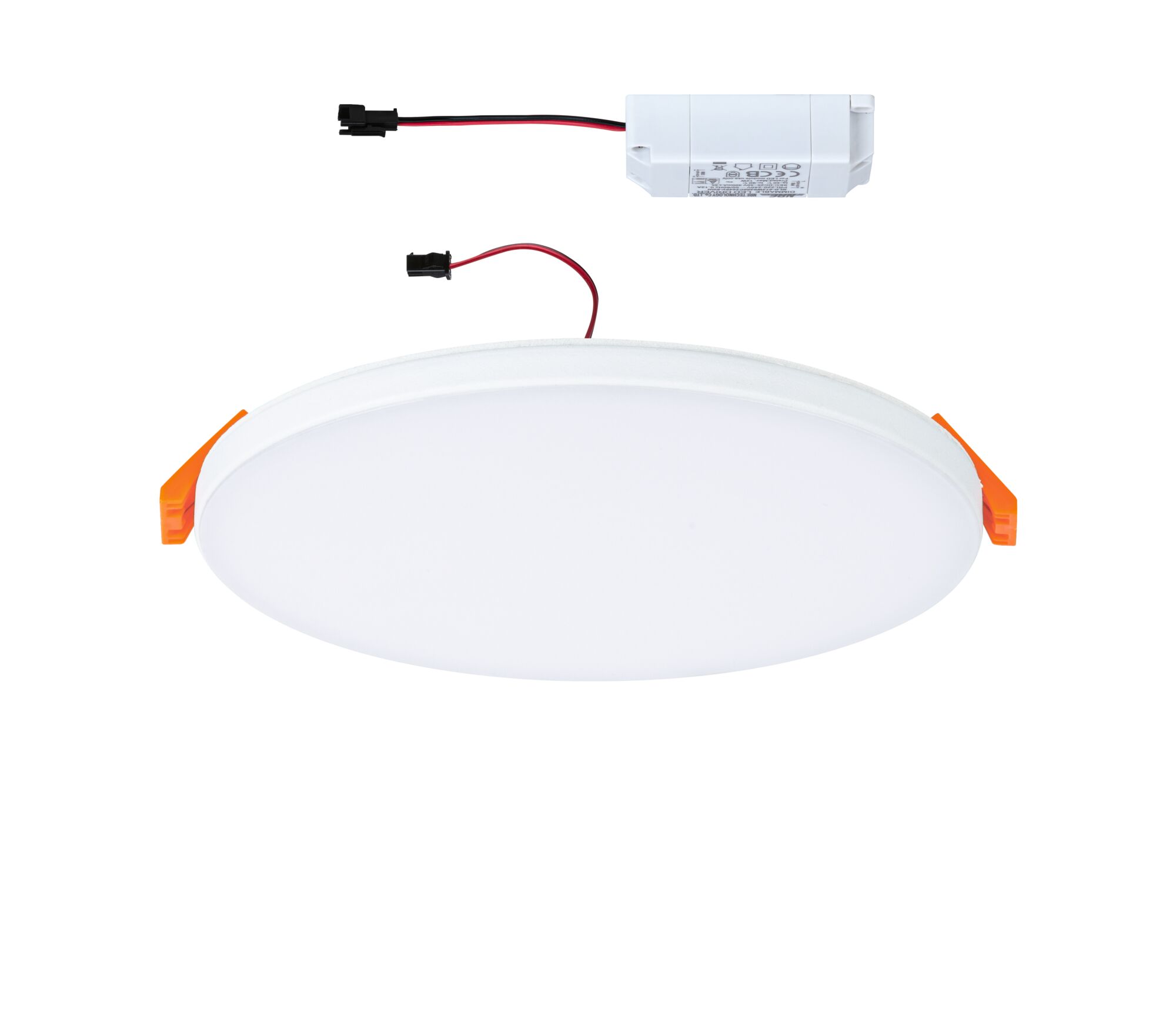 Round white LED recessed panel with orange clips and separate driver for ceiling lighting solutions