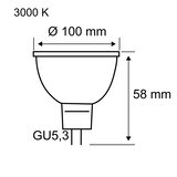 Technische tekening van GU5,3 LED-lamp met 100 mm diameter, 58 mm hoogte en 3000 K kleurtemperatuur.
