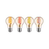 Vier decoratieve LED-lampen met gekleurde spiraalfilamenten in geel, rood, groen en blauw voor sfeerverlichting.