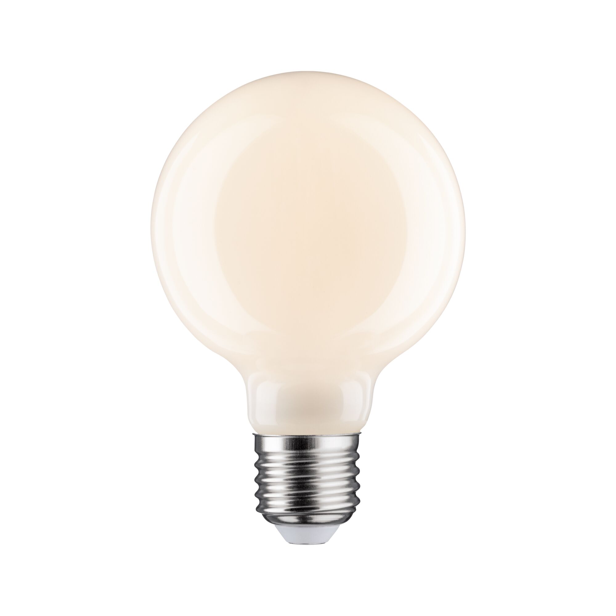 Runde LED-Glühbirne mit mattweißer Oberfläche und E27-Fassung für energiesparende Beleuchtung