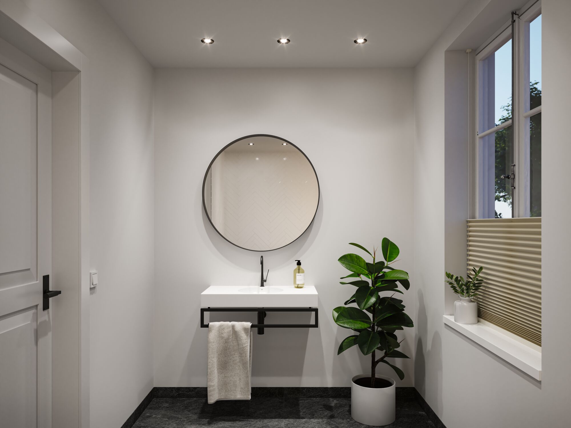 Modernes Badezimmer mit rundem Spiegel, weißem Waschbecken und schwarzem Wasserhahn, LED-Deckenstrahler