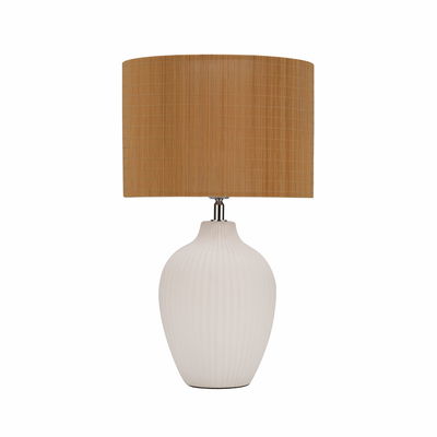 Lampe de table avec base en céramique blanche et abat-jour en tissu marron pour éclairage chaleureux