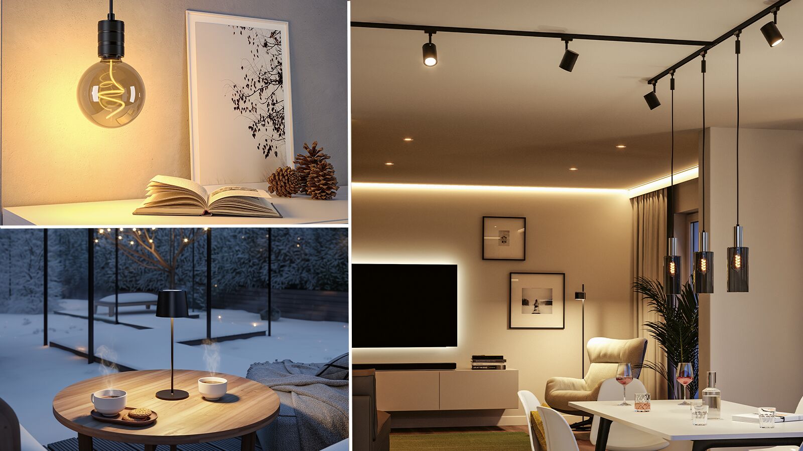 Moderne woonkamerverlichting met zwarte hanglampen, LED-spotjes en warm licht voor een gezellige sfeer.