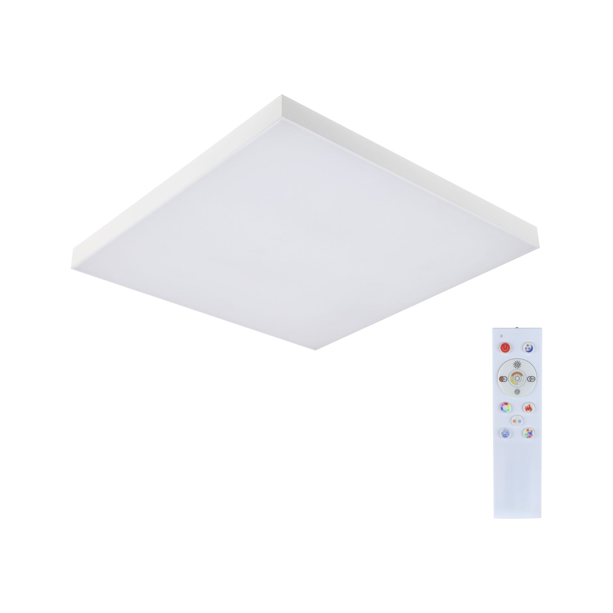 White square LED ceiling panel with remote control for dimmable light and colour adjustment