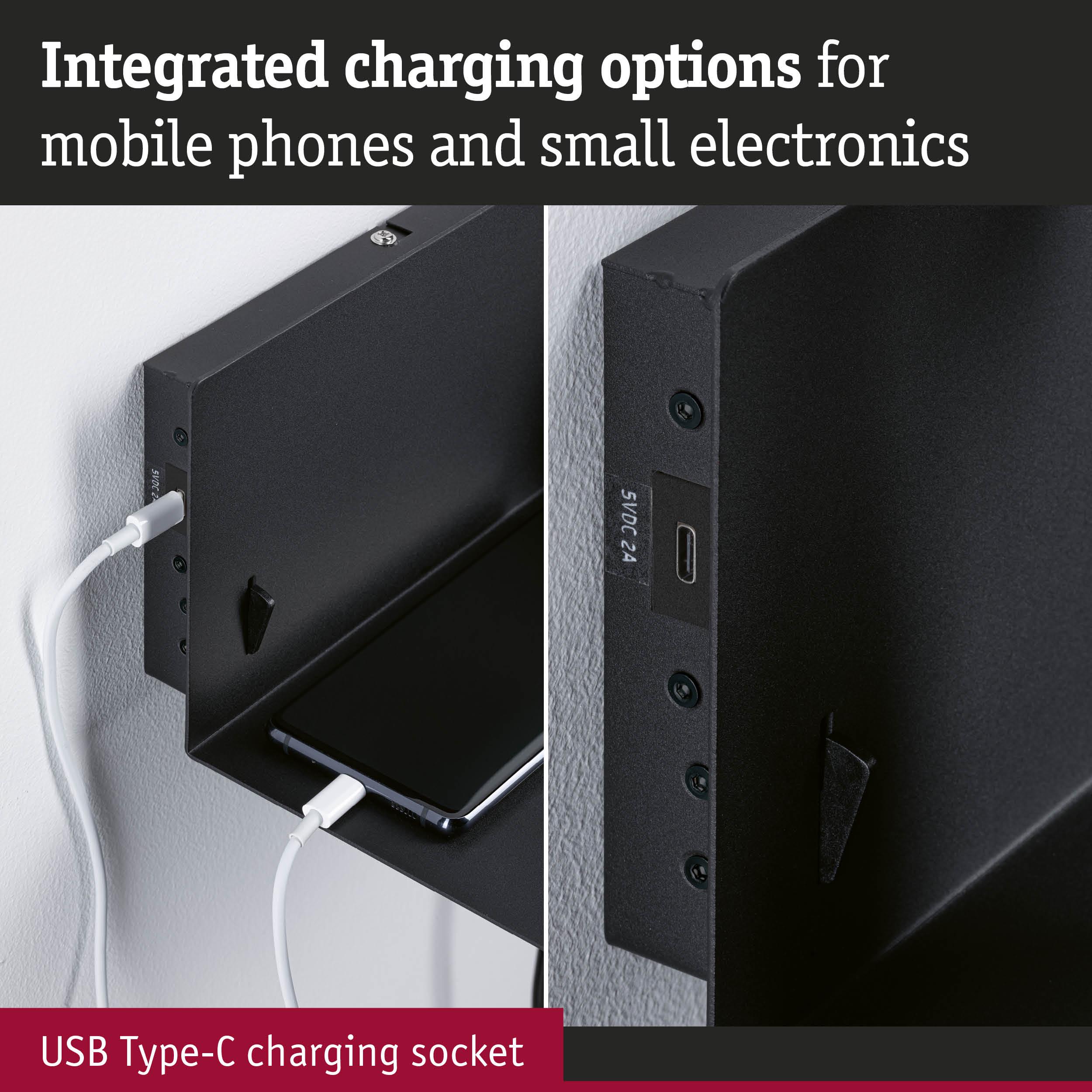 Black metal shelf with integrated USB Type-C charging socket for mobile phones and small electronics