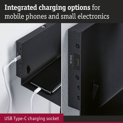 Black metal shelf with integrated USB Type-C charging socket for mobile phones and small electronics