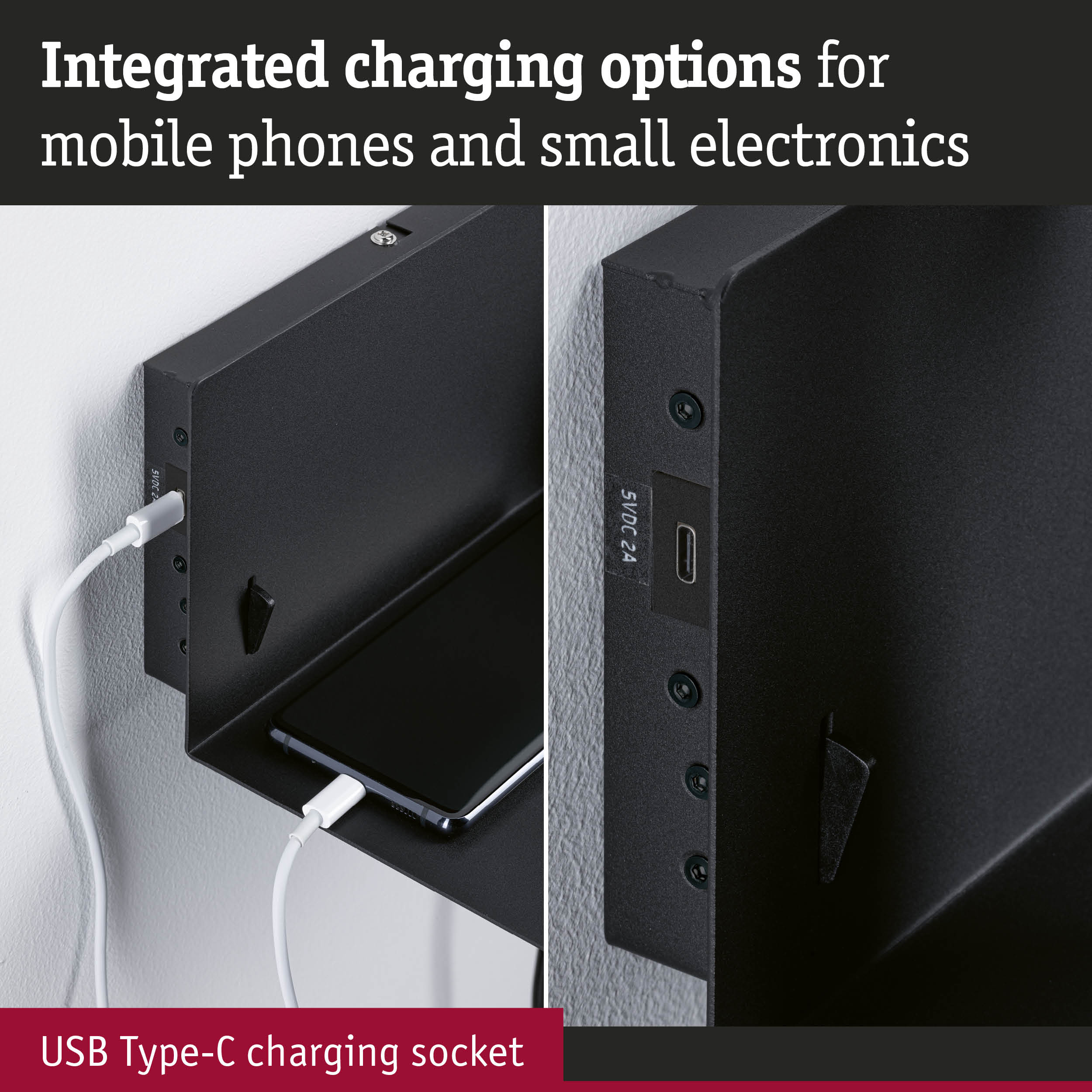 Black wall mount with integrated USB Type-C charging socket for mobile phones and small electronics.