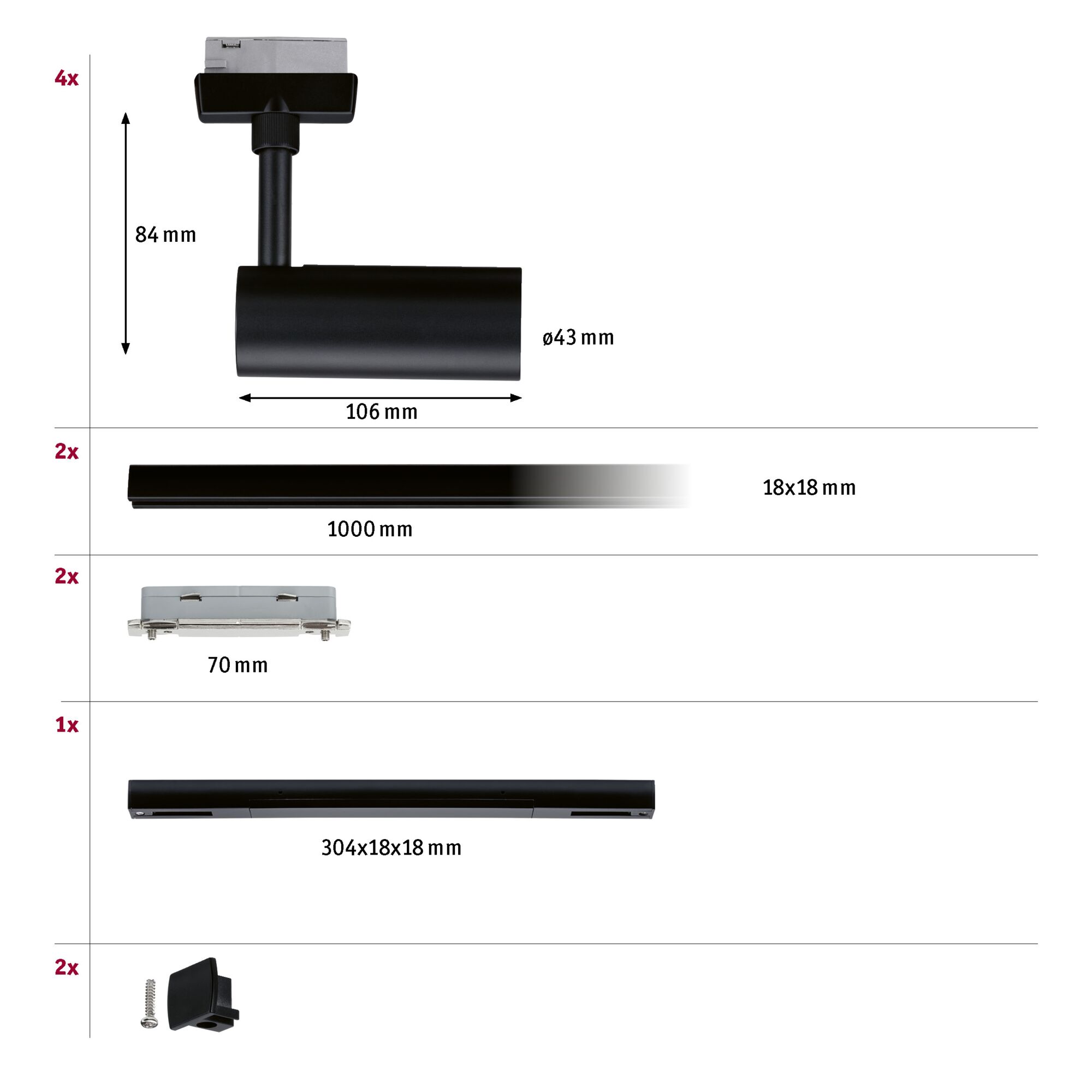 URail Schienenspot Tubo Starterset 4x250lm 4x4,5W 3000K 230V Schwarz matt