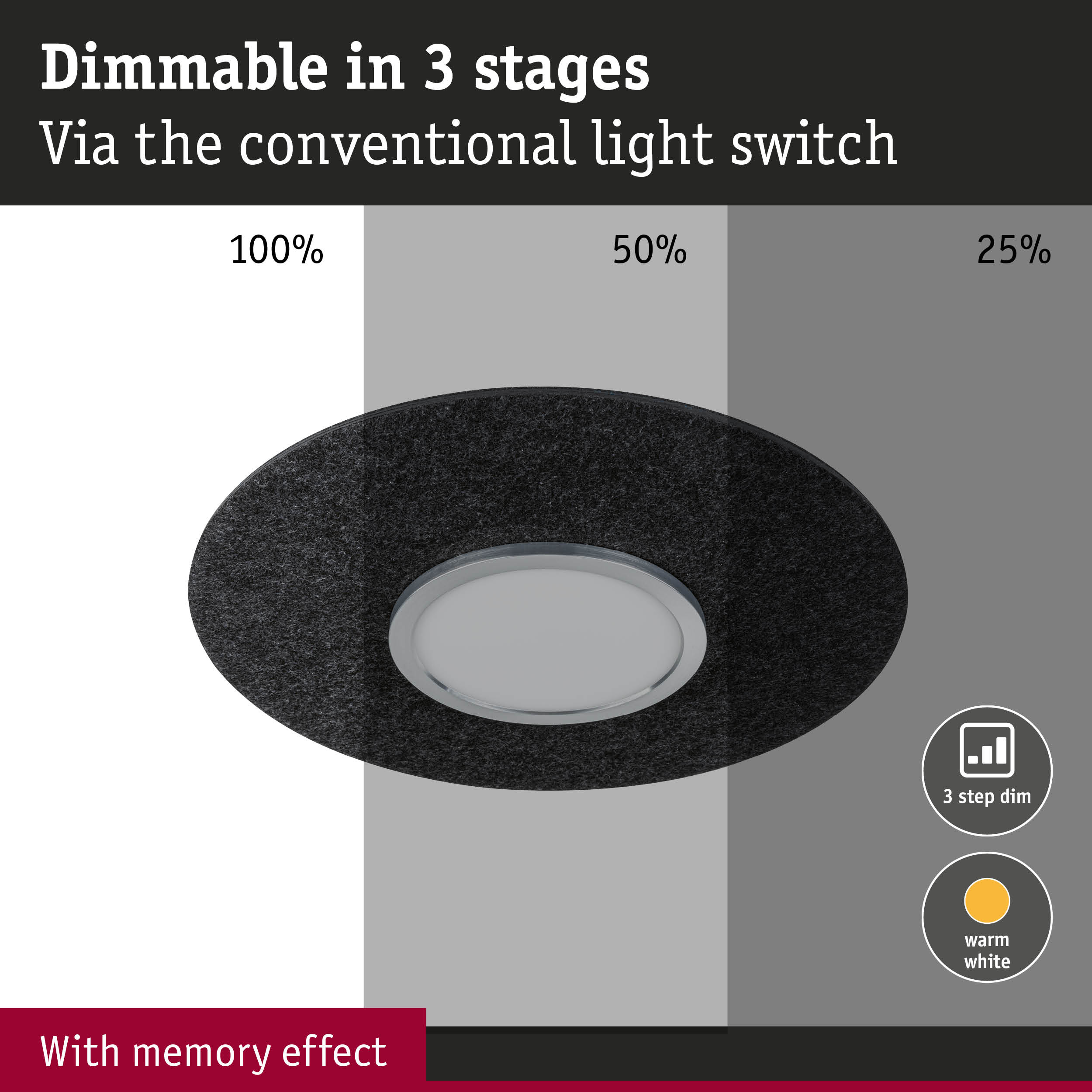 Black LED recessed light with 3-step dimming and memory effect for warm white lighting
