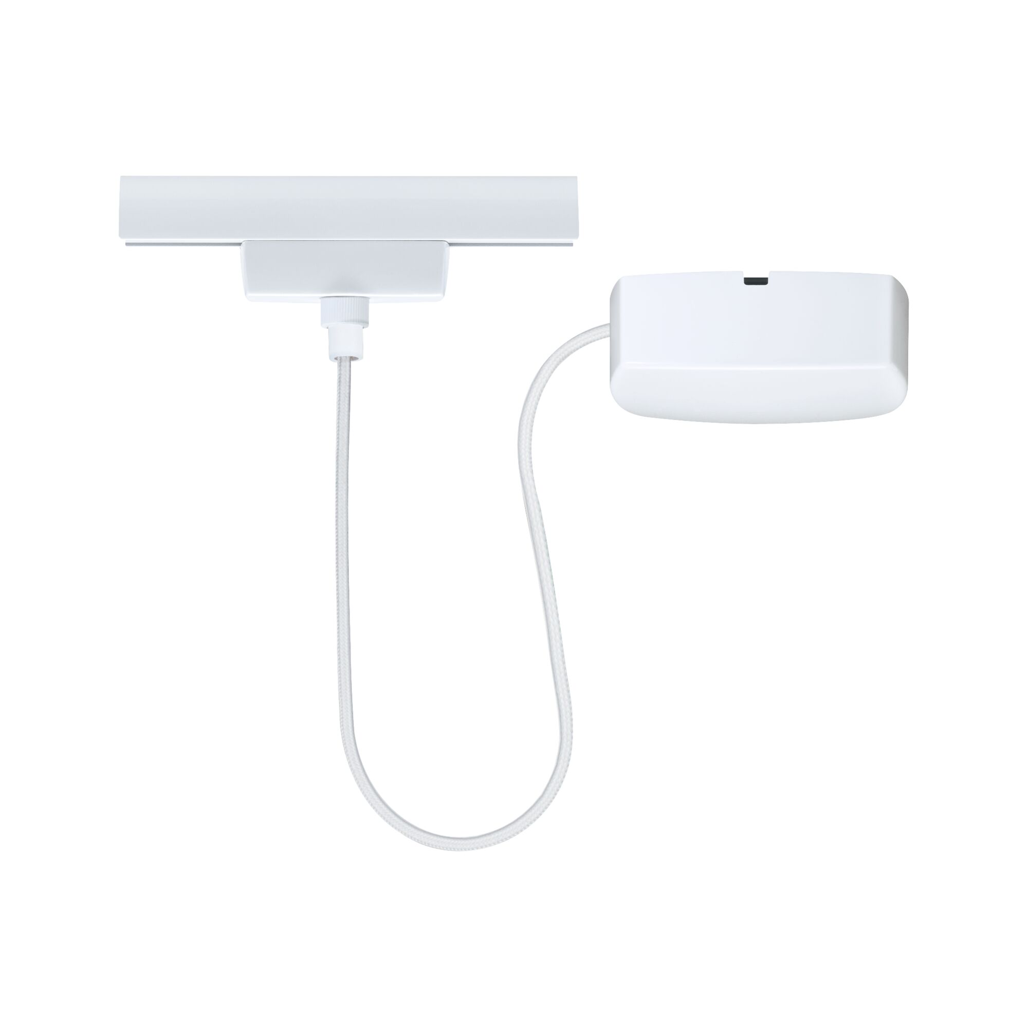 White LED track system with cable and plastic connection box for flexible lighting solutions