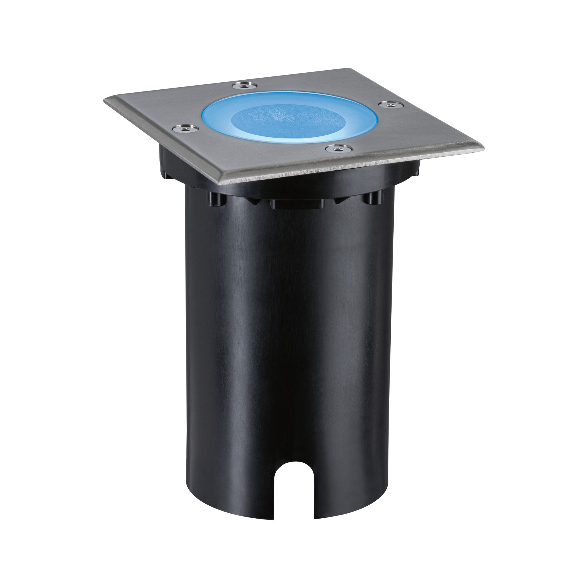 Eingelassene LED-Bodenleuchte aus Edelstahl mit blauem Licht und schwarzem Gehäuse für Außenbereiche