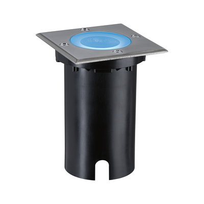 Eingelassene LED-Bodenleuchte aus Edelstahl mit blauem Licht und schwarzem Gehäuse für Außenbereiche