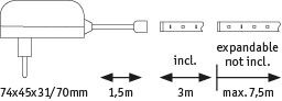 Technische Zeichnung eines weißen Steckverbinders mit Maßen 74x45x31 mm und 1,5 m Kabellänge, erweiterbar bis 7,5 m.