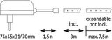 Technische tekening van witte connector 74x45x31 mm met 1,5 m kabel, uitbreidbaar tot 7,5 m.