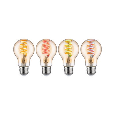 Four decorative LED bulbs with colored spiral filaments in yellow, red, green, and blue for home lighting