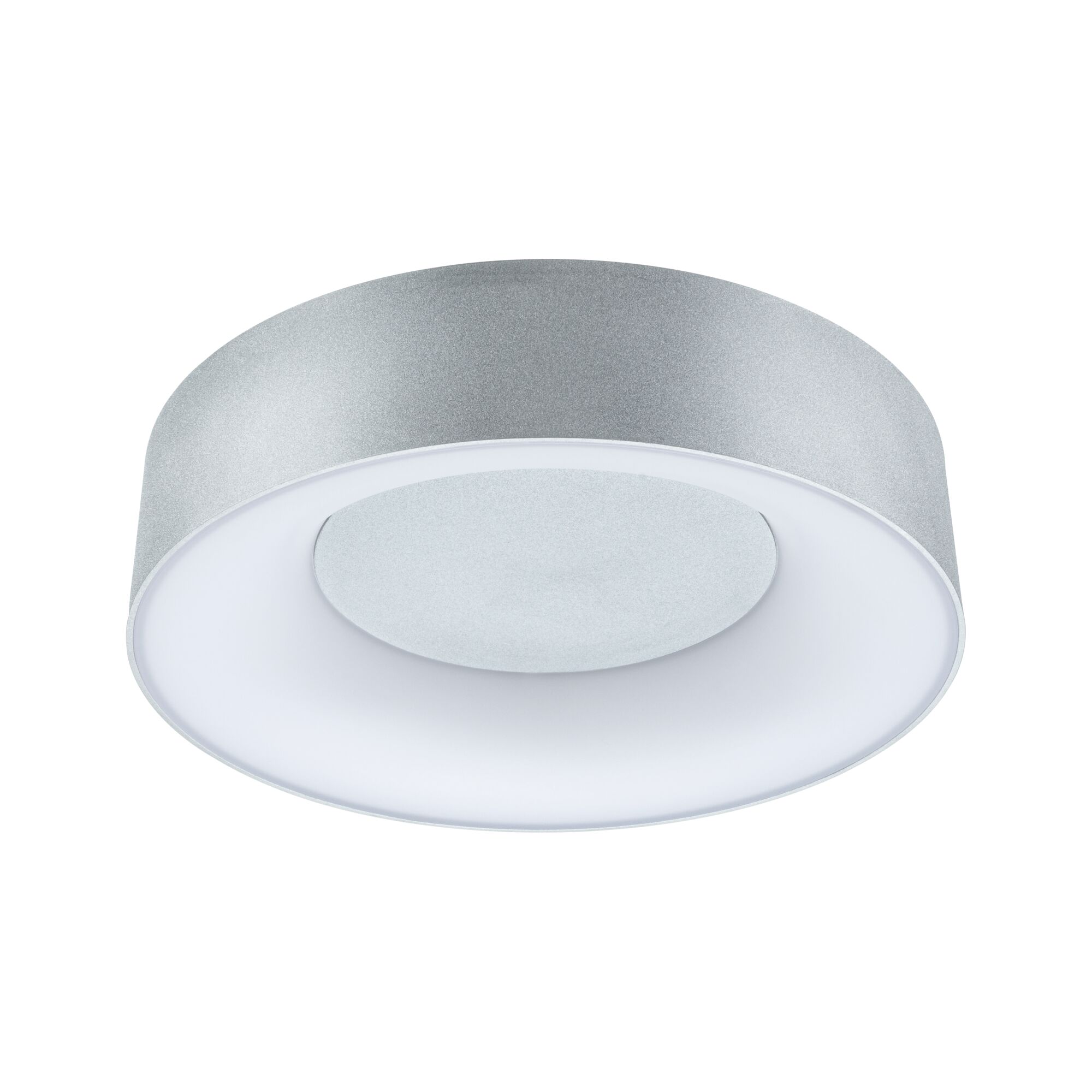 Ronde plafondlamp van zilverkleurig metaal met witte diffuser voor moderne binnenverlichting