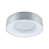 Rund loftlampe i sølvmetal med hvid diffusor til moderne LED-rumbelysning