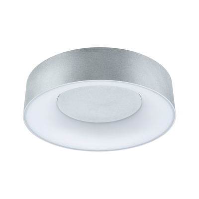 Rund loftlampe i sølvmetal med hvid diffusor til moderne LED-rumbelysning