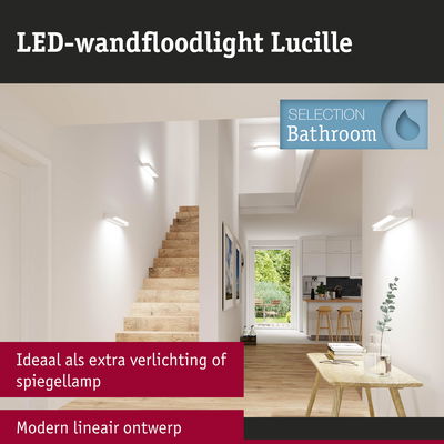 Moderne witte LED-wandfloodlight Lucille met lineair ontwerp, ideaal als badkamerspiegellamp.