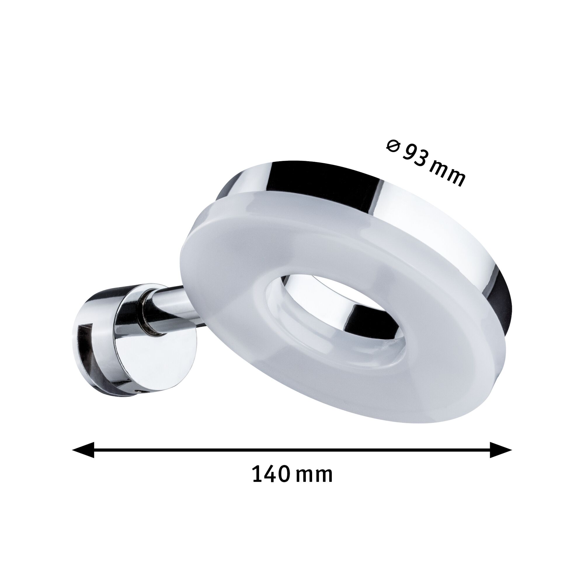 Ronde chromen wandspot met witte diffuser, 93 mm diameter, 140 mm lengte, LED-lamp