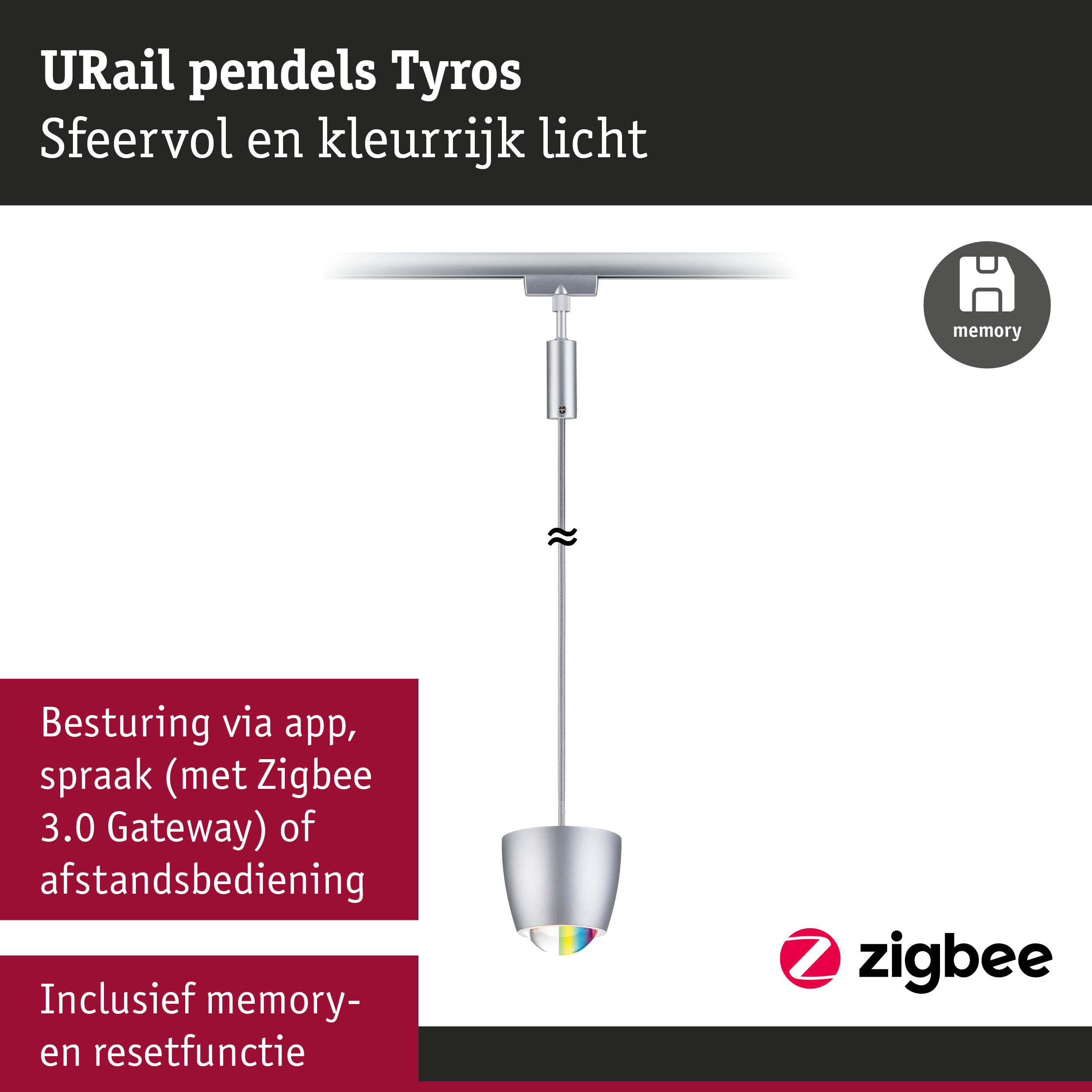 URail Tyros hanglamp van zilverkleurig metaal met kleurrijk licht en Zigbee bediening