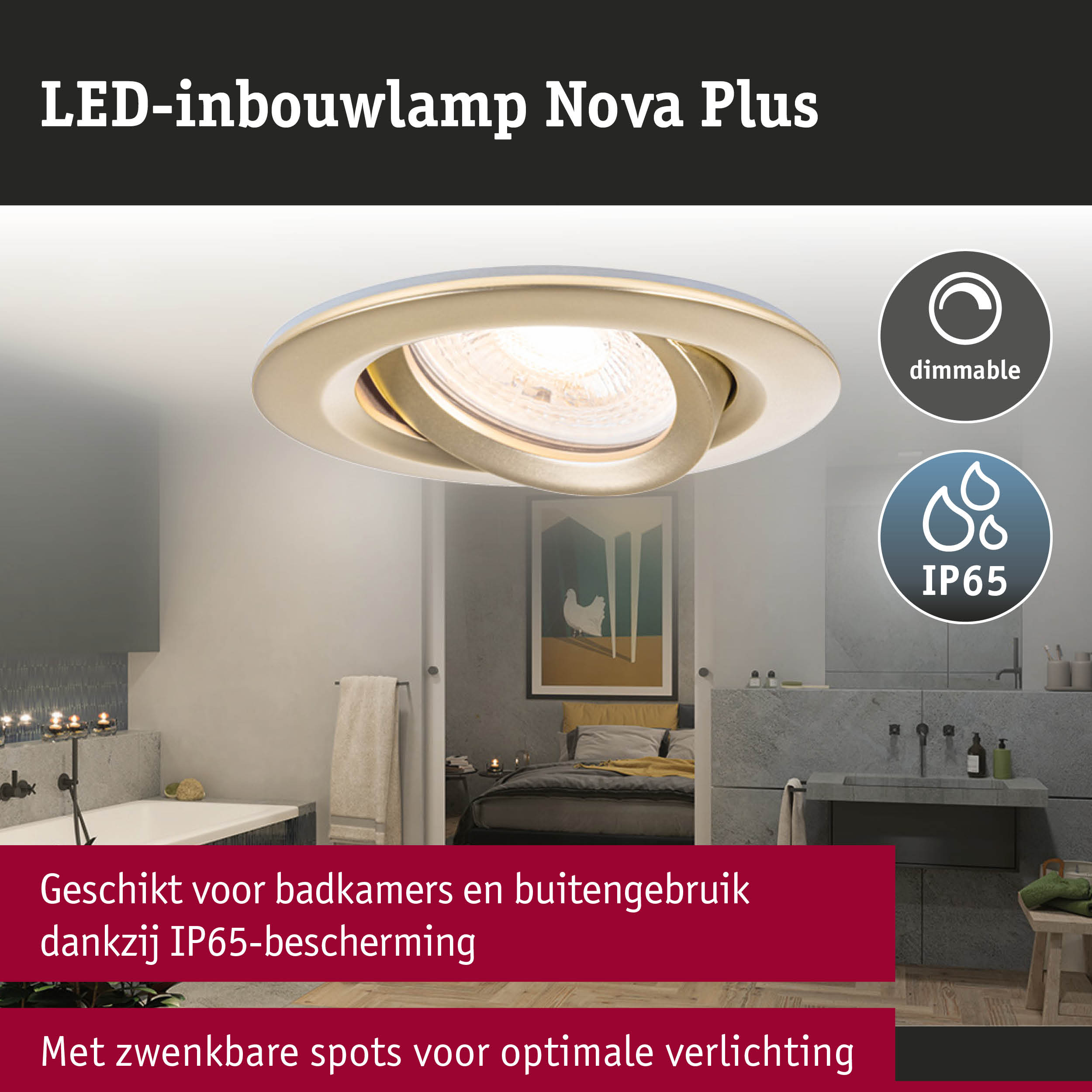 Gouden LED-inbouwspot Nova Plus met IP65-bescherming, geschikt voor badkamers en buitengebruik