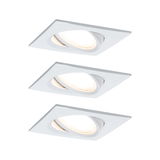 Three white square recessed spotlights made of plastic with adjustable heads for LED lighting