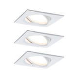 Three white square recessed spotlights made of plastic with adjustable heads for LED lighting
