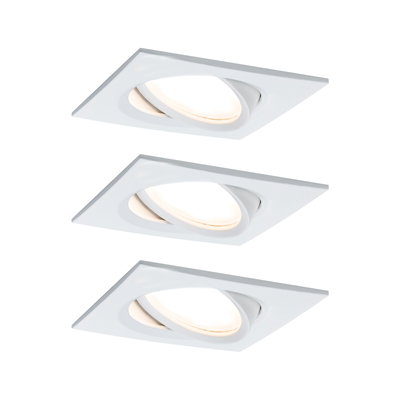 Three white square recessed spotlights made of plastic with adjustable heads for LED lighting