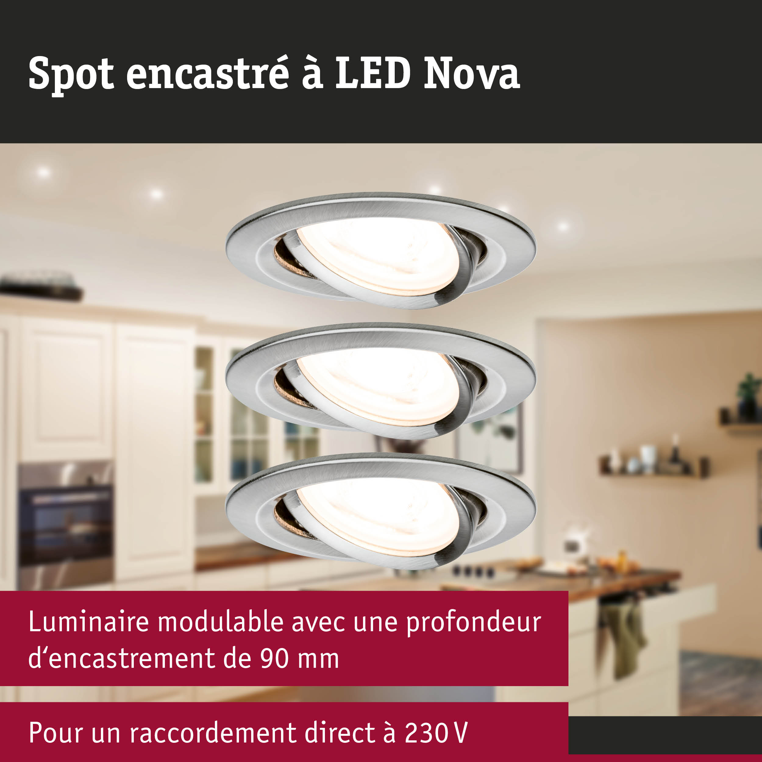 Spot encastré LED Nova en aluminium brossé argenté pour éclairage intérieur moderne
