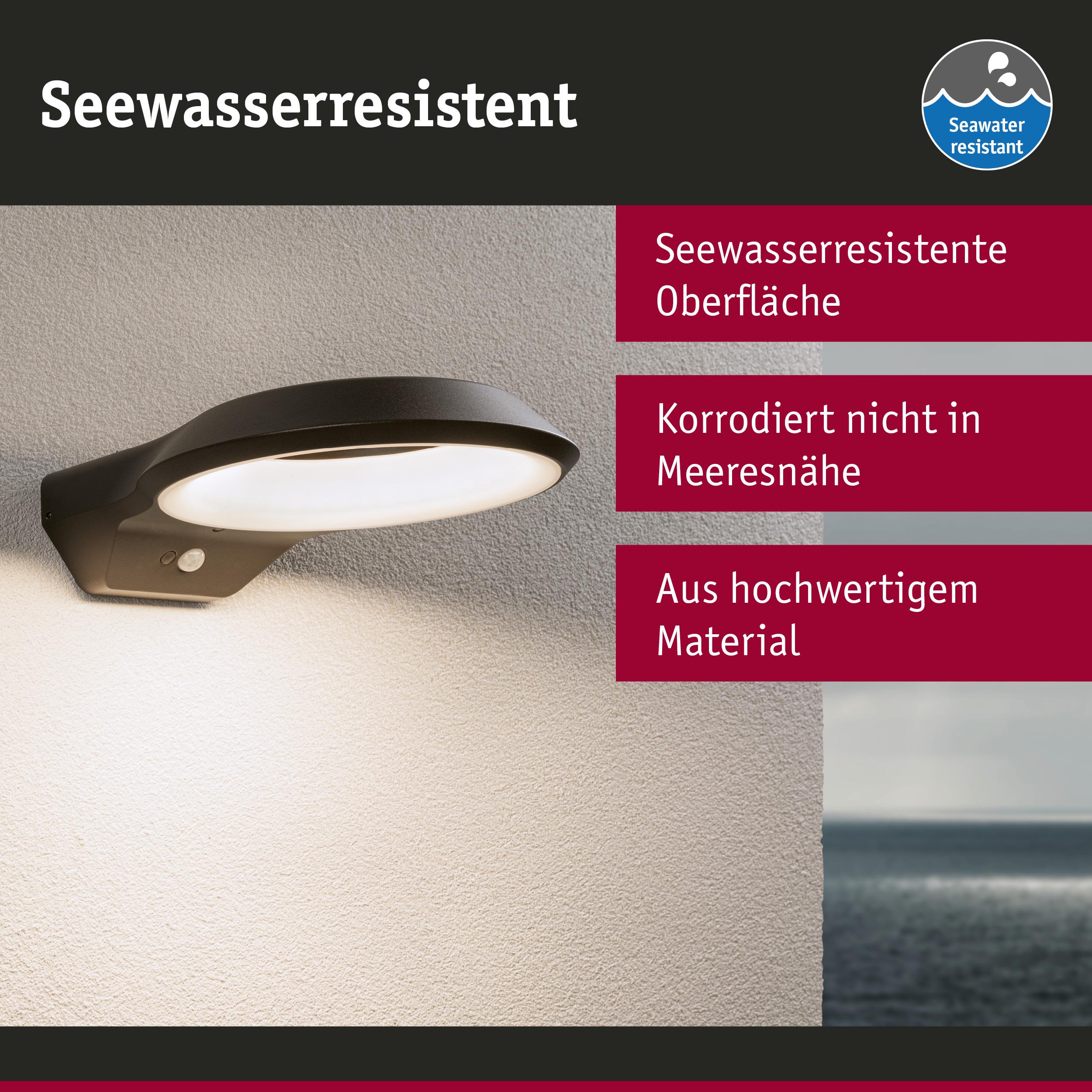 Schwarze, seewasserresistente Außenwandleuchte aus hochwertigem Material mit warmweißem Licht