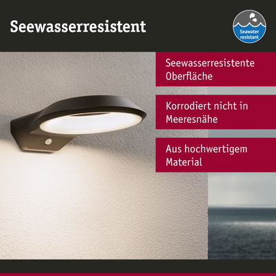 Schwarze, seewasserresistente Außenwandleuchte aus hochwertigem Material mit warmweißem Licht