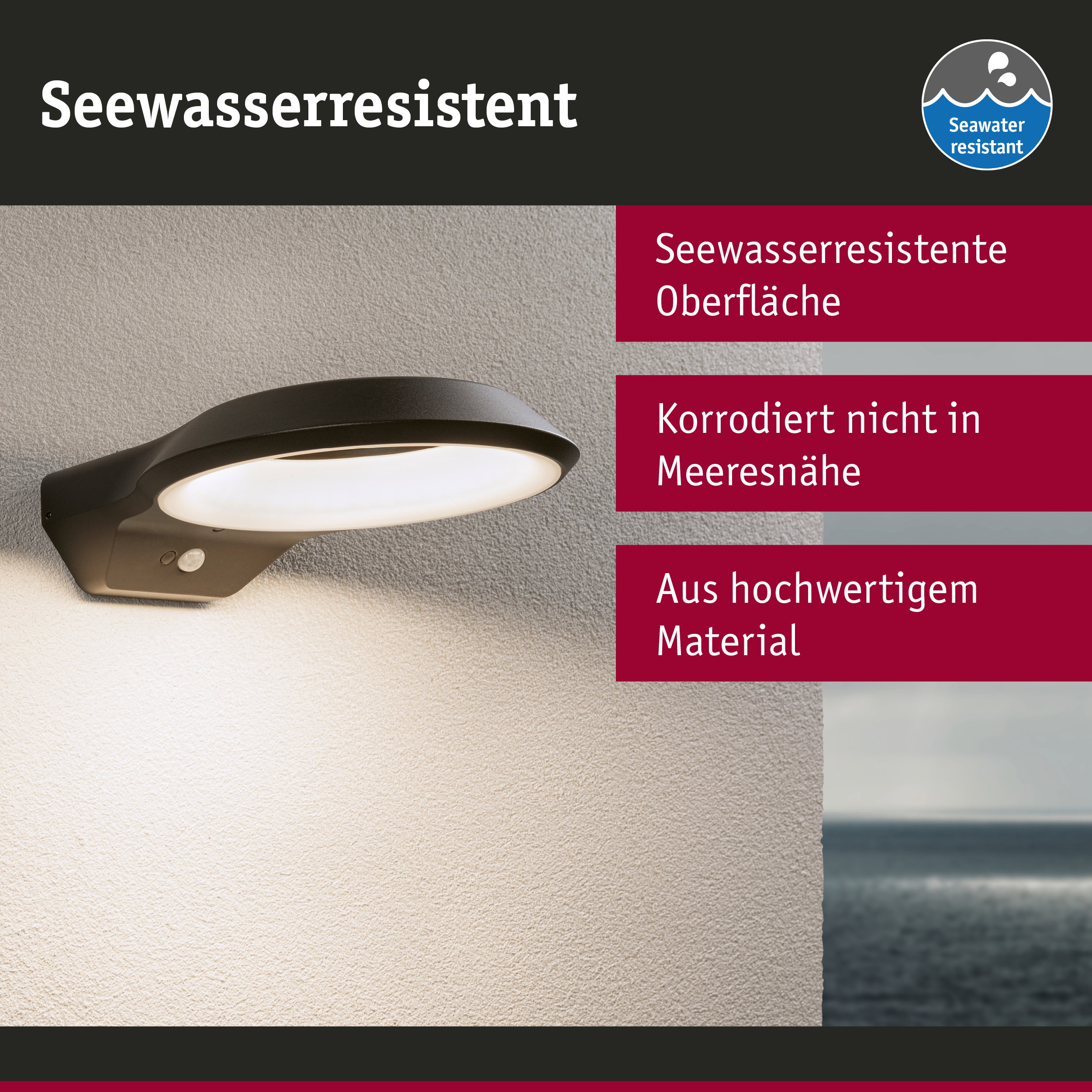 Schwarze Außenwandleuchte mit seewasserresistenter Oberfläche und Bewegungsmelder für Meerumgebung